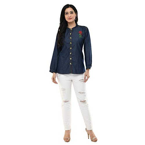 Image of Maahi Women's Denim Blue Embroidery Casual Shirt