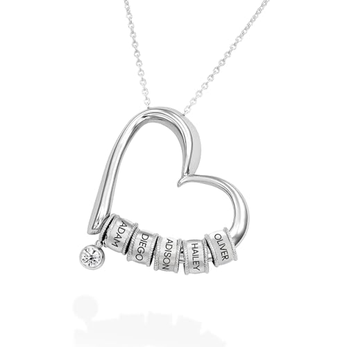 Handmade - Personalized Charming Heart Necklace with Engraved Beads - Dainty Gift for Her, Mom - Custom Gift for Mother's Day, Christmas (Sterling Silver, With 0.10 ct Diamond)