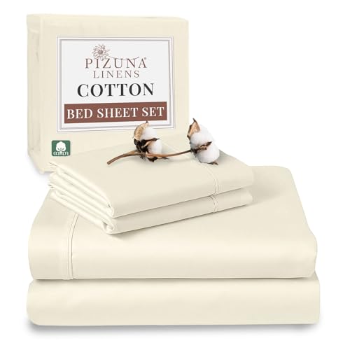 Pizuna 100% Cotton Super King Bed Sheet Set Ivory, 400 Thead Count Long Staple Cotton Bedding Set 300x280 cm, Soft Sateen 4 PC King Bed Sheet Set -Fitted Sheet, Flat Sheet & 2 Pillowcases