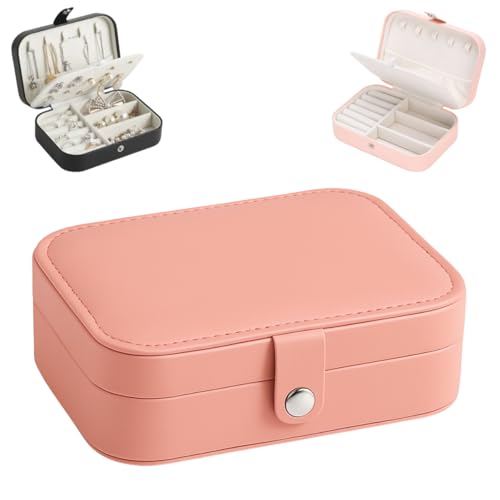 Porta Joias Organizadora Bijuterias Portátil para Viagem Caixa Maleta Estojo Organização Aneis Prata Ouro Acessórios Brincos com Botão Couro PU com Divisórias (Rosa)