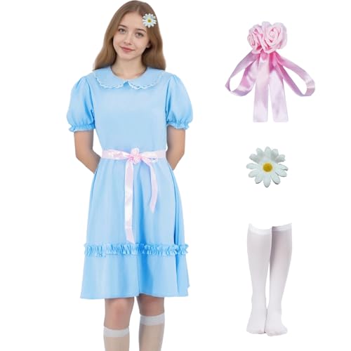 Tvnxdgl Grady Twins Costume Women Creepy Twin Sisters Dress Halloween Blue Puff Sleeves Cosplay Dress Daisy Hair Clip Set M