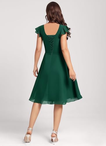 Women's Short Chiffon Bridesmaid Dresses with Flutter Sleeves for Wedding V Neck Ruffle Formal Dress with Pockets2