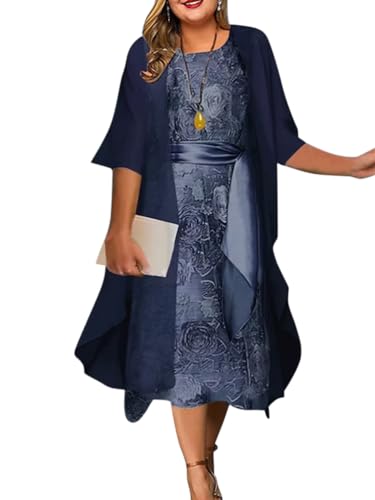 shownicer Vestito Due Pezzi Donna Elegante Maniche 3/4 Stampe Abiti al Ginocchio Taglie Forti Vestiti da Festa Cerimonia Cocktail A Marina 3XL