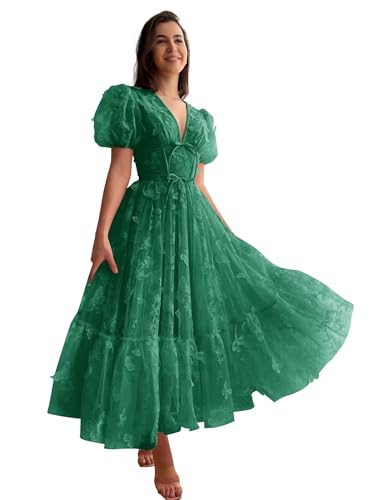 3D Butterfly Tulle Prom Dress Lace Applique Ball Gown Short Sleeve V Neck Formal Evening Dress