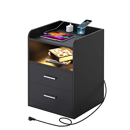 AMOWARE Nightstand with Wireless Charging Station and LED Lights, Bedside Table with 2 Drawers, Modern Minimalist Night Table for Bedroom&Living Room, End Table with Open Storage, Black AMOWARE Nightstand with Wireless Charging Station and LED Lights, Bedside Table with 2 Drawers, Modern Minimalist Night Table for Bedroom&Living Room, End Table with Open Storage, Black