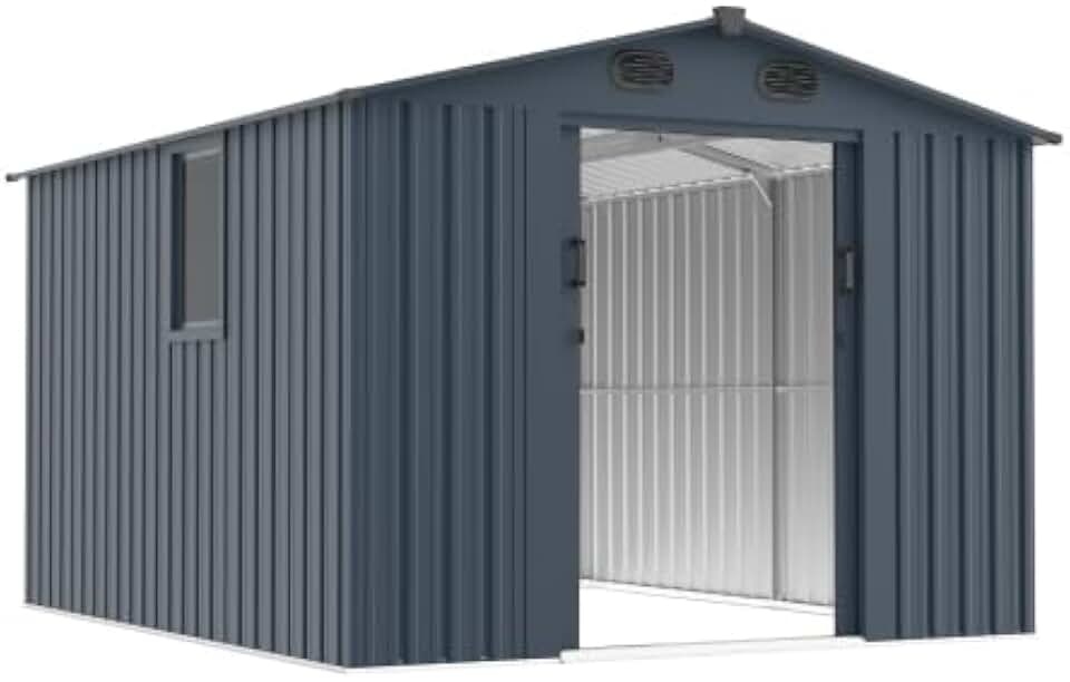 8x10 FT Outdoor Metal Storage Shed, Heavy Duty Galvanized Steel Tool Shed with Pitched Roof, Lockable Door, Window & Vent, Dark Gray Weatherproof Storage for Backyard Patio Garden