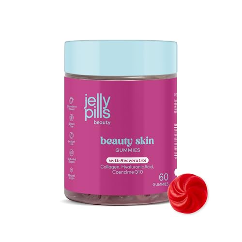 Jelly Pills Gominolas com 500 mg colágeno hidrolizado resveratrol ácido hialurónico coenzima Q10 & Vit. C - Sem adição de açúcares - 60 gummies sabor morango - retinol para pele firme e elástica