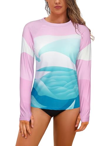 Image of SHEKINI Womens Long Sleeve Rash Guard Tops Sun Protection Thumb Holes Lightweight Quick Dry Plus Size Swimming Tops Printed Beach Swim Shirts Top, Pink, S