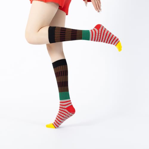 Image of Verdancy Yoga Pilates Socks with Grips for Women Striped Color-Blocked Knee Highs Non Slip Cushioned Over the Calf Socks