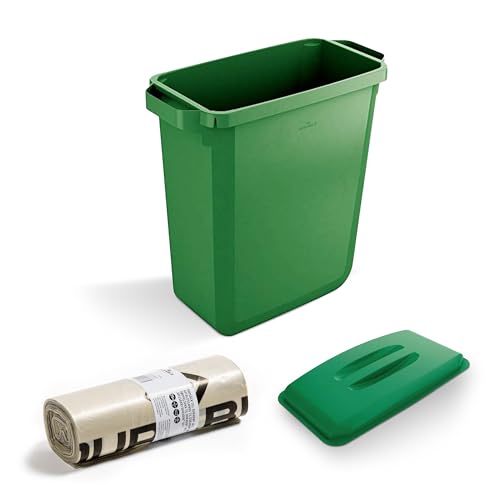 DLM Direct DURABIN - Cubo de basura rectangular verde de 60 litros y tapa verde y 25 bolsas de basura ecológicas de plástico reciclado de 110 L con asas de fácil transporte para recogida de basura en