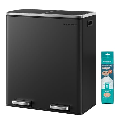 SONGMICS Poubelle Cuisine Tri Sélectif 2 x 30L, 2 Seaux en Plasatique, avec 15 Sacs Poubelles, Pédales en Métal, Couvercles, Poignées, Fermeture en Douceur, Hermétique, Noir LTB60BK