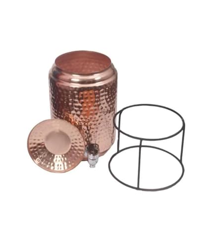 NAYAB Collection 100% Pure Copper Hammered Water Dispenser (Matka/Pot) Container Pot Water Tank 5000ML with 1 Copper Glass and Iron Stand |