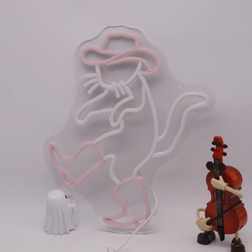 Image of Cowboy Cat Funny Neon Light Sign,Pink Cowboy Hat Animal Neon Sign for Western Rodeo Decor,Novelty Hand Gesture Led Light Up Sign for Home Decoration Bedroom Decor