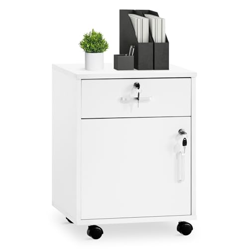 TUKAILAI Rollcontainer, Rollcontainer Abschließbar, Aktenschrank mit Schubladen, Büroschrank mit Rollen, Drucker Ablagefächer für Büromöbel 40x40x57 cm, Weiß