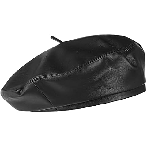 Lipodo Faux Leather Beret for Women/Men - Beret with Lining - Lined French Beret with a Leather Look - Packable - Summer/Winter Cap Black L/XL (58-60 cm) Cover
