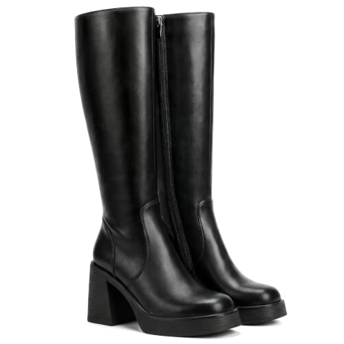 Image of Choiran Knee High Boots for Women - Platform Chunky Square Toe Tall Boots with Block Heeled Side Zipper, Fashion Long Gogo Boots for Spring Fall
