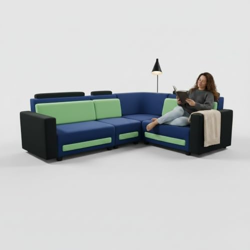 Image of APRODZ Wooden Sofa Set 6 Seater for Living Room, Solid Wood L Shape Sectional Sofa with Velvet Fabric Upholstery, Cushioned Seating for Home, Office & Lounge, Blue, Black & Green