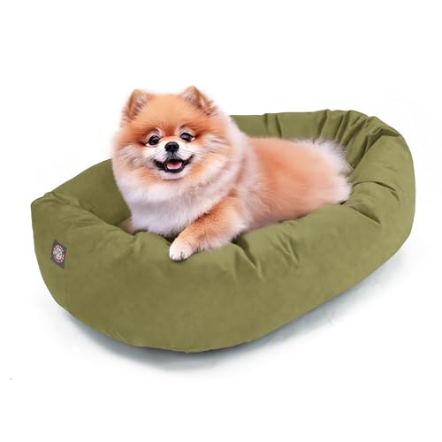 Image of Majestic Pet Suede Shredded Memory Foam Mix Calming Dog Bed Washable - Cozy Soft Round Dog Bed with Spine for Head Support - Fluffy Donut Dog Bed, 24 Inch, Sage
