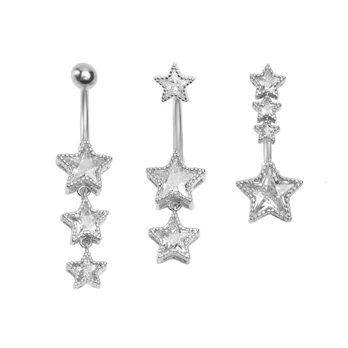 Niaspi 3Pcs 14G Stainless Steel Belly Button Rings Cubic Zirconia Heart Star Round Belly Navel Barbell Rings Belly Piercing Jewelry for Women (Silver Star)