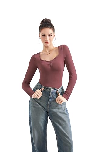 Image of SUUKSESS Women Sweetheart V Neck Long Sleeve Tops Lace Trim Ribbed Modal Fall Going Out Shirts
