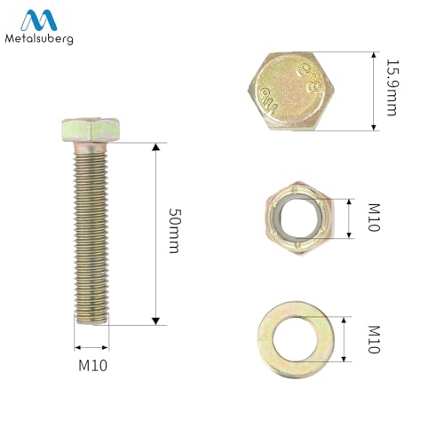 Image of M10 x 50mm Hex Head Bolt and Nylon Lock nut Flat Washer Assortment Kit by Color Galvanization,Alloy Steel,Grade 8.8.(8pcs Pack) by Metalsuberg
