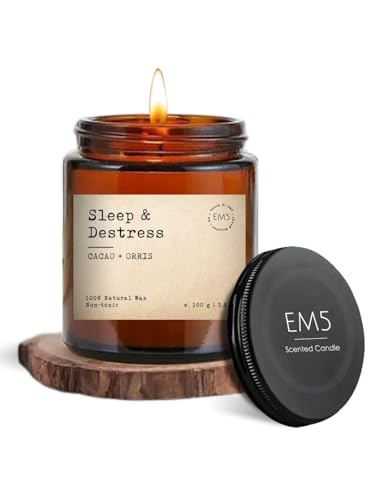EM5 Sleep & Destress Aromatherapy Scented Candle | Cacao & Orris | 100% Natural Wax & Lead Free Wick | Upto 30 Hours of Clean Burning | Smokeless & Non-Toxic Candles | 100gm