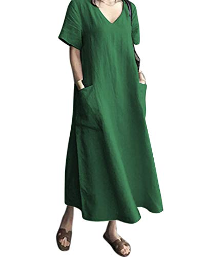 AUDATE Damen Sommer Leinen V-Ausschnitt Großes Lang Kleid Strand Baumwolle Maxikleid Grün XL
