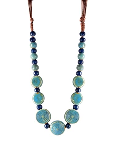 Hanary Collier de perles rondes en céramique bleu bohème hippie vintage pour l'été, la plage, cadeau pour femme