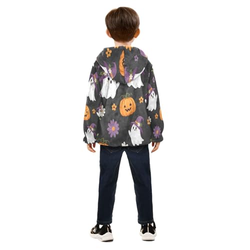 Halloween Ghosts Pumpkins Flowers Toddler Fleece Jacket Girl Boys Hooded Fleece Jacket Coat Warm Outwear Zip-up 3-10T4
