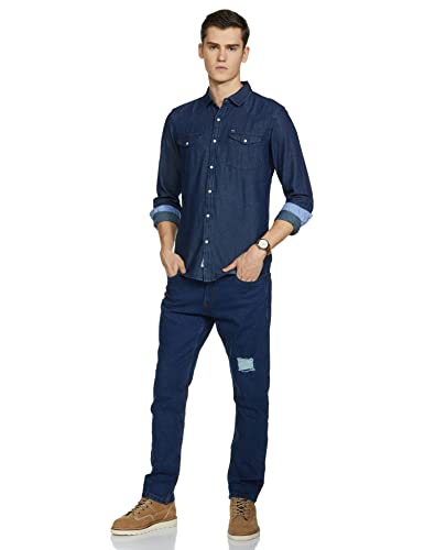Image of Amazon Brand - Symbol Men's Cotton Slim Fit Denim Shirt | Casual | Plain | Full Sleeve | Summer (Available in Plus Sizes)