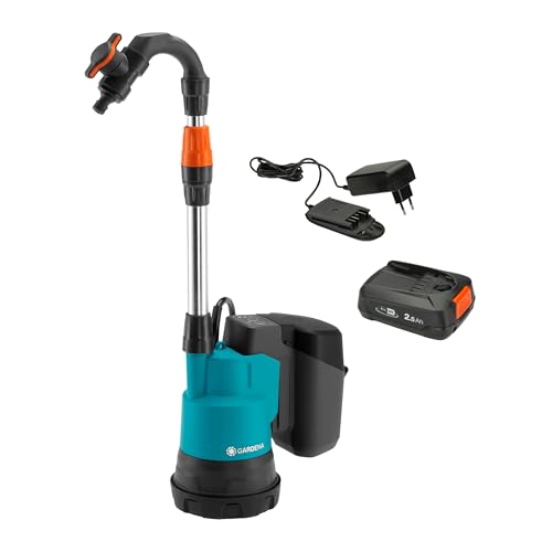 Gardena Akku-Regenfasspumpe 2000/2 18V P4A Ready-To-Use Set: Hohe Fördermenge und Druck Verstellbare Leistungsstufen Trockenlaufsicherung Teleskoprohr Kabellos (14602-20)