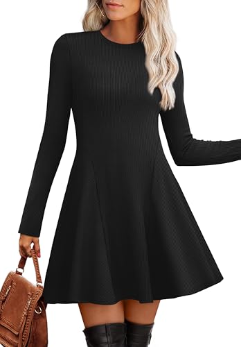 OFEEFAN Sweater Dress for Women Fall 2025 Long Sleeve Crew Neck Ribbed Knit Fit and Flare A-Line Dresses