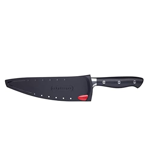 KitchenCraft MasterClass Cuchillo de Chef Profesional, Funda Protectora con Afilador Integrado, Acero Inoxidable, 20 cm - Negro