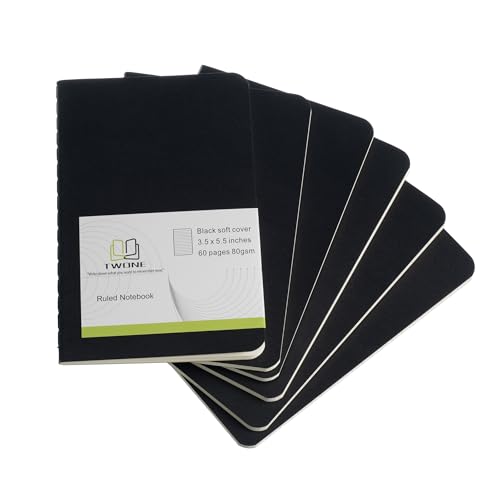 Image of Twone Softcover Pocket Notebook Set - 3.5 inch X 5.5 inch - 6 Pack - 30 Sheets - 60 Lined Pages - Perfect For The Traveler Or Author | Smooth black cardstock cover, 60 lined pages. Pocket journal for travel, office, school, daily notes & sketching.