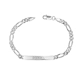 LeCalla Personalized Customised Engraved Name Men's Figaro Chain ID Bracelet in 925 Sterling Silver Personalized Custom Birthday Christmas Fathers Day Jewelry Gift for Dad Husband (Sterling Silver)