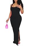HBQ Women's Summer Bodycon Maxi Dress Sexy Sleeveless Side Slit Tank Party Club Ribbed Long Dress-Black-XXL