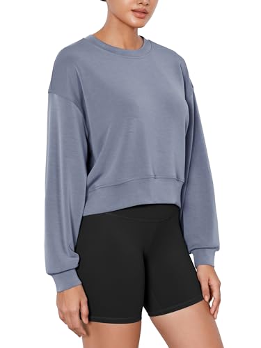 Image of ODODOS Modal Soft Long Sleeve Cropped Sweatshirts for Women Oversized Crew Neck Pullover Crop Top