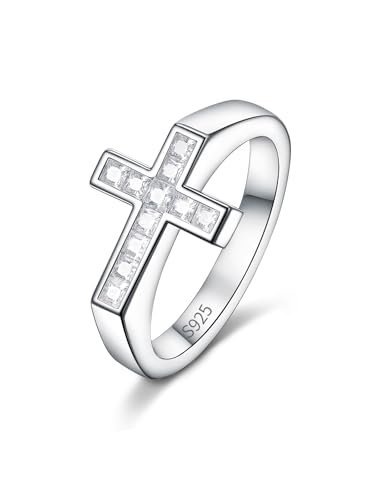 D Color VVS1 Clarity Moissanite Cross Rings for Women Men, Pretty and Elegant Stackable Cross Ring, Solid 925 Sterling Silver with Rhodium Finish, Wedding Band Aniversary Jewelry, Size4-11