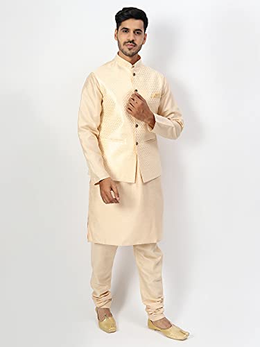 Image of Uri and MacKenzie Men's Silk Blend Regular Kurta Churidar Pyjama with Bundi Nehru Jacket /Waistcoat