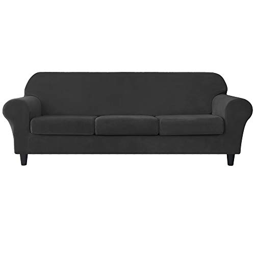 MILARAN Lot de 4 housses de canapé en velours extensible et doux pour salon (3 places, noir) Cover