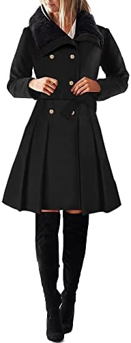 Womens Fashion Detachable Faux Fur Lapel Double-Breasted A Line Wool Trench Pea Coat Jacket with Belt