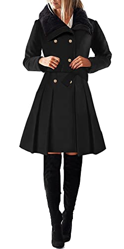 Womens Fashion Detachable Faux Fur Lapel Double-Breasted A Line Wool Trench Pea Coat Jacket With Belt #TOP10