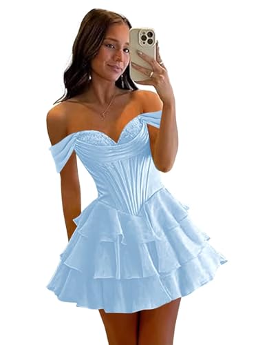 JKMMYO Light Blue Homecoming Dress for Teens 2025 Off The Shoulder Chiffon Tiered Party Gown Corset Short Prom Gowns Size 2