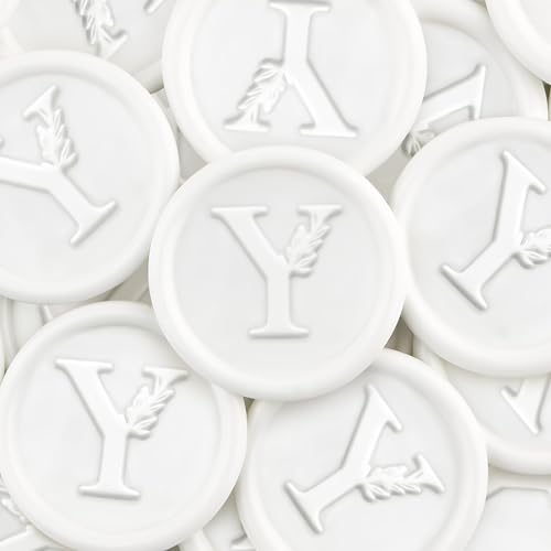 25Pcs White Wax Seal Stickers Handmade Vintage Botanical Leaves Adhesive Letter Wax Stickers for Wedding Party Invitations, Envelope, Gift Wrap, Christmas(Initial Y, White)