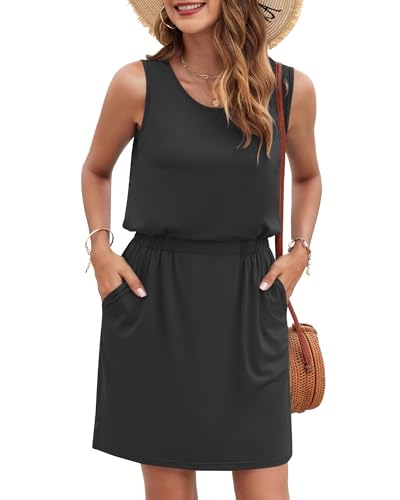 Image of AUSELILY Women Summer Dress 2025 Casual Sleeveless Sundress Crew Neck Beach Short Dresses with Pockets