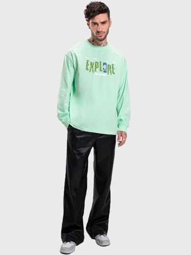 Image of Bewakoof Men's 100% Cotton Graphic Print Oversized Fit Full Sleeve Round Neck T-Shirt | Casual Wear | Street Wear | Oversized t Shirt for Men Cotton | Baggy