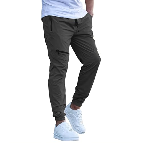 Image of Men's Regular-Fit Cargo Joggers | Trendy Lightweight Track Pants with Multi Zipper Pockets & Adjustable Waist | Versatile Trousers for Exercise, Travel & Lounge Wear (in, Alpha, S, Regular, Grey)