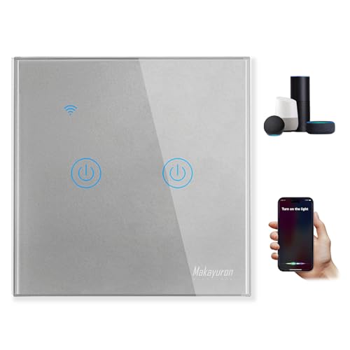 Makayuron WiFi Smart Wall Light Switch, Touch Switches, No Neutral Wire Required, Compatible with Alexa, APP Remote Control Touch Switch, No Hub Required, Voice Control (Grey 2 Gang)