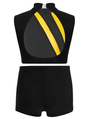 YEAHDOR Kids Girls 2 Piece Gymnastics Ballet Dance Outfits Rhinestones Metallic Crop Tops with Shorts Set Gold 16 Years4