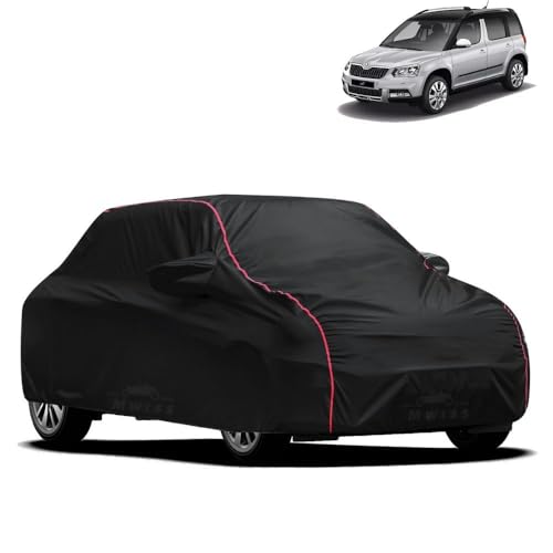 Image of Waterproof Car Cover for Skoda Yeti | All-Weather Protection, Dustproof & UV Resistant | Triple Stitched Mirror Pockets, Windproof Buckle Strap with Elastic Hem, Black-Red Piping